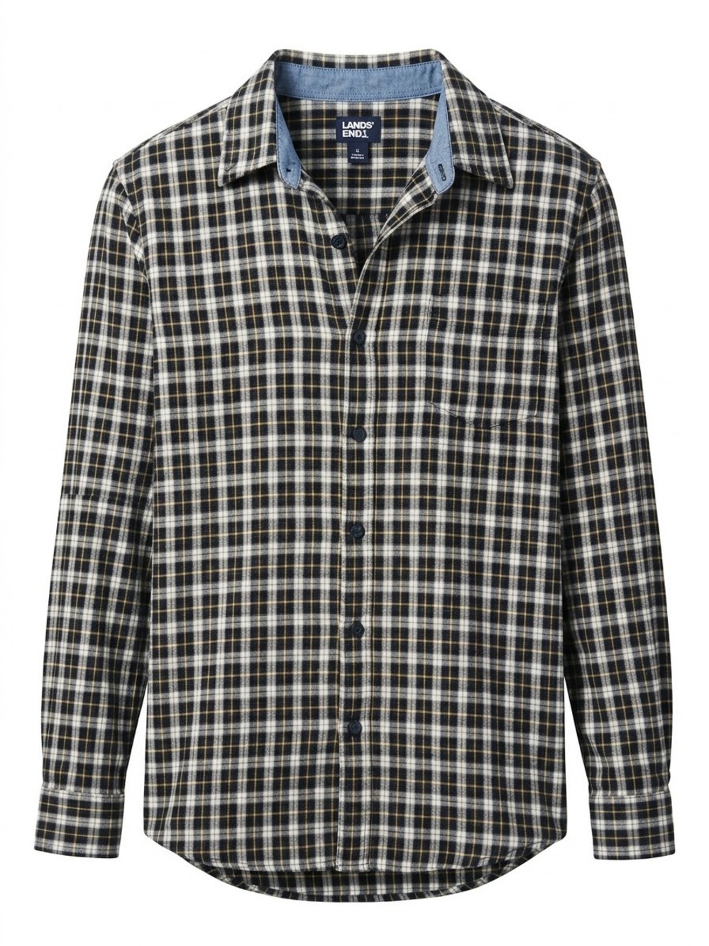 Lands' End Black, White and Tan Plaid Long-Sleeve Button-Down Shirt